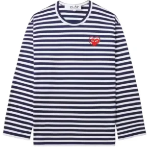 CDG PLAY Metalstone Heart Striped L/S Tee (Navy/White)