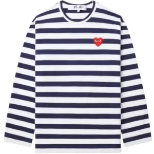 CDG PLAY Rhinestone Heart Striped Tee White/Navy
