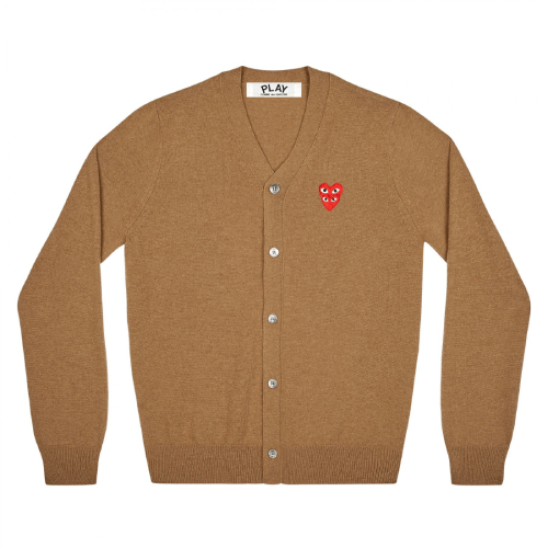 CDG-PLAY-V-Neck-Mens-Cardigan-with-Red-Family-Heart-Brown.png CDG PLAY V-Neck Mens Cardigan with Red Family Heart (Brown) - Image 1