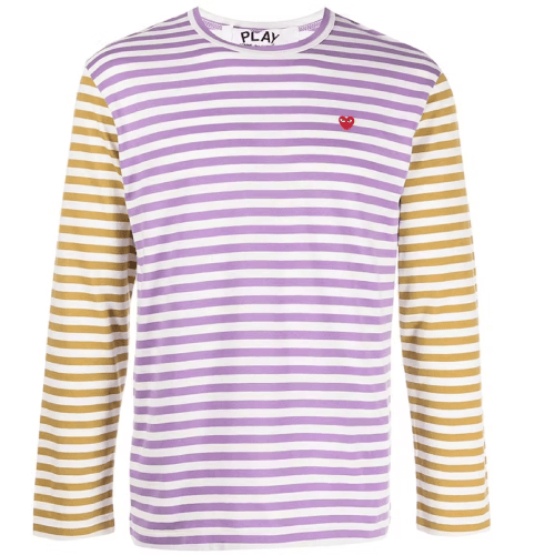 CDG-Play-Embroidered-Logo-Striped-Long-Sleeve-Tee-Purple-Yellow.png CDG Play Embroidered Logo Striped Long-Sleeve Tee (Purple/Yellow) - Image 1
