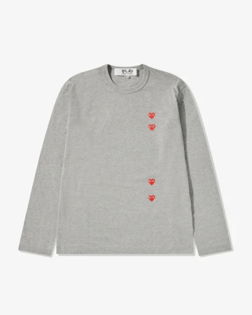 CDG-Play-Multi-Red-Heart-Long-Sleeve-T-Shirt-Grey.png CDG Play Multi Red Heart Long Sleeve T-Shirt Grey - Image 1