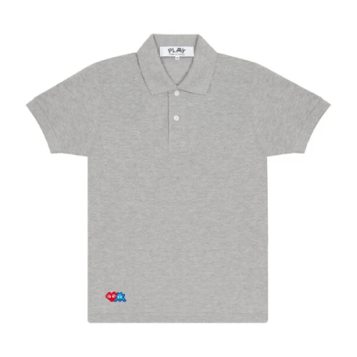 CDG-Play-Polo-Red-Invader-Heart-and-Blue-Emblem-Grey.png CDG Play Polo Red Invader Heart and Blue Emblem (Grey) - Image 1