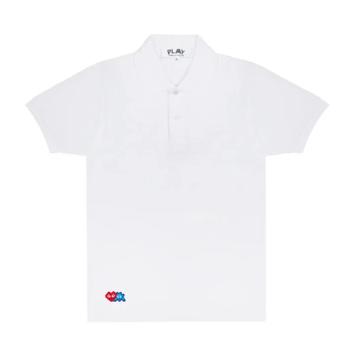 CDG-Play-Polo-Red-Invader-Heart-and-Blue-Emblem-White.png CDG Play Polo Red Invader Heart and Blue Emblem (White) - Image 1