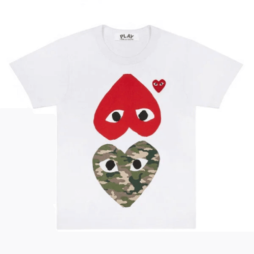 CDG-Play-White-T-Shirt-With-Camo-Printed-Mirror-Hearts.png CDG Play White T-Shirt With Camo Printed Mirror Hearts - Image 1