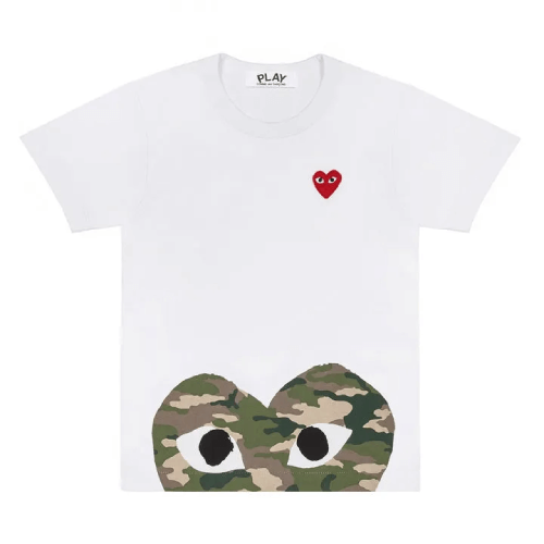 CDG-Play-White-T-shirt-With-Camo-Printed-Half-Heart.png CDG Play White T-shirt With Camo Printed Half Heart - Image 1