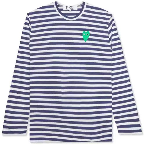 CDG-Play-Womens-Green-Emblem-Striped-LS-Navy-White-T-Shirt.webp CDG Play Women’s Green Heart Striped Tee Navy - Image 1